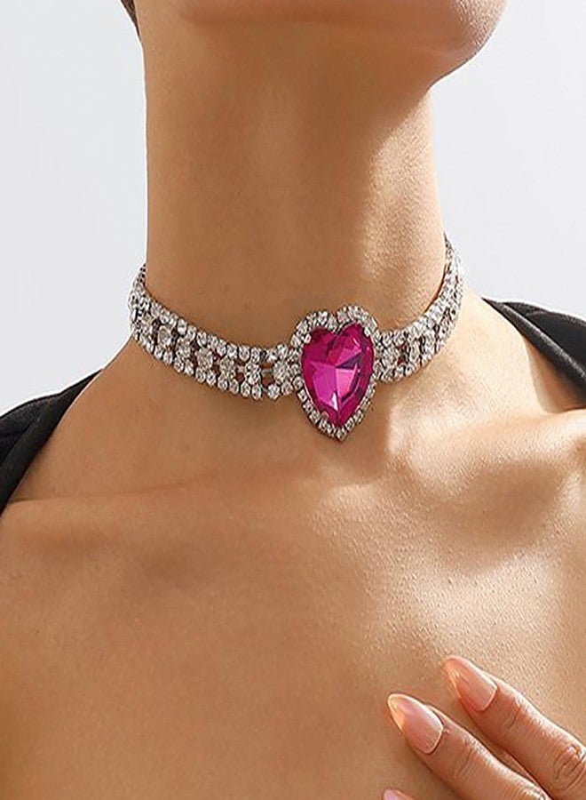 Aktully Rhinestone Pink Heart Necklace for Women Hot Pink Choker Necklace Chunky Heart Necklace Crystal Heart Choker Necklace Prom Necklaces Heart Tennis Necklace for Women Birthday Party Wedding Jewelry Accessories (Silver) - Image 2